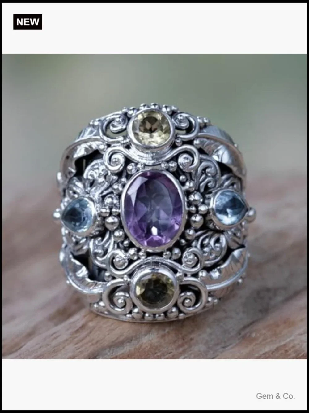 Sterling Silver Amethyst Blue Topaz Cocktail Ring Size 8 Handmade Bali